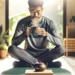 A fit individual of Middle-Eastern descent sitting cross-legged on a yoga mat in a bright room, taking a break after a workout. They are wearing athlete clothes