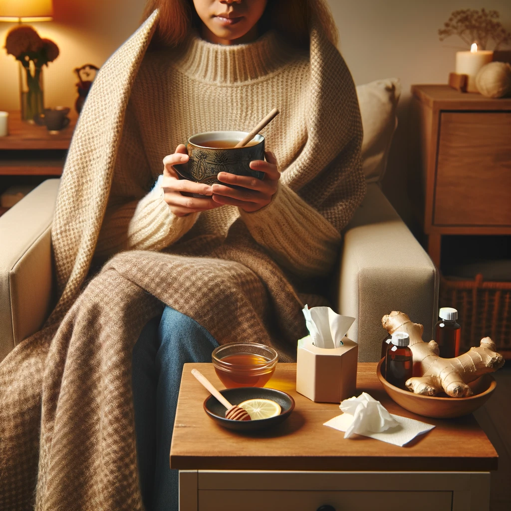 A cozy scene with a person of South Asian descent sitting in a comfy armchair, wrapped in a warm blanket. They look to be recovering from a cough