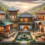 A panoramic view showcasing a variety of traditional tea houses from different cultures around the world, including Japanese, Chinese, Moroccan