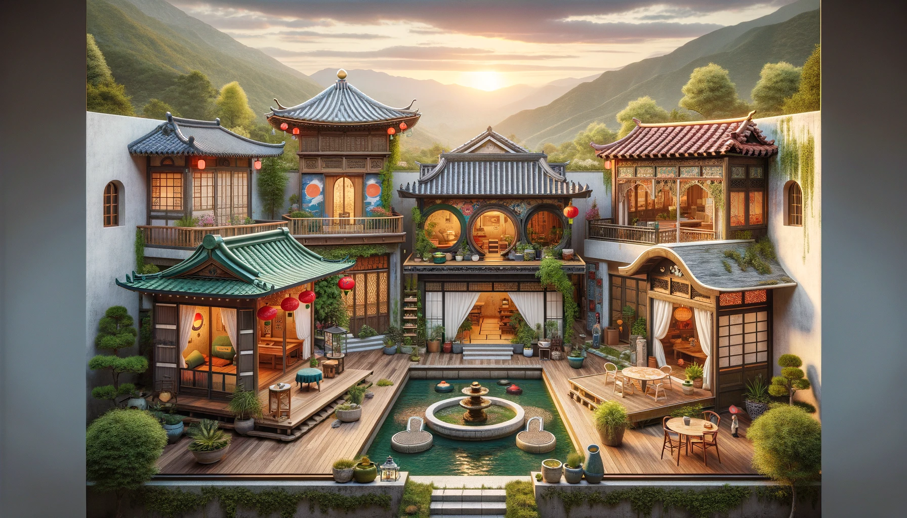 A panoramic view showcasing a variety of traditional tea houses from different cultures around the world, including Japanese, Chinese, Moroccan