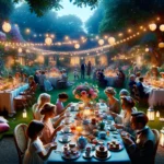 A view of a festive tea party set in a lush garden adorned with fairy lights and lanterns, creating a magical atmosphere