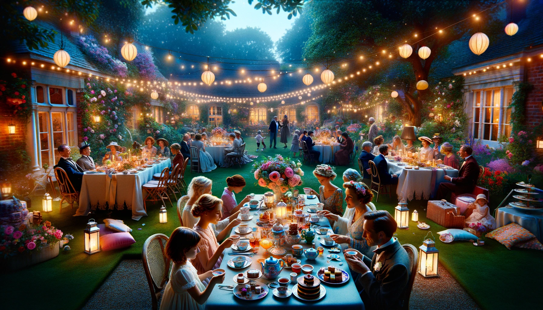 A view of a festive tea party set in a lush garden adorned with fairy lights and lanterns, creating a magical atmosphere