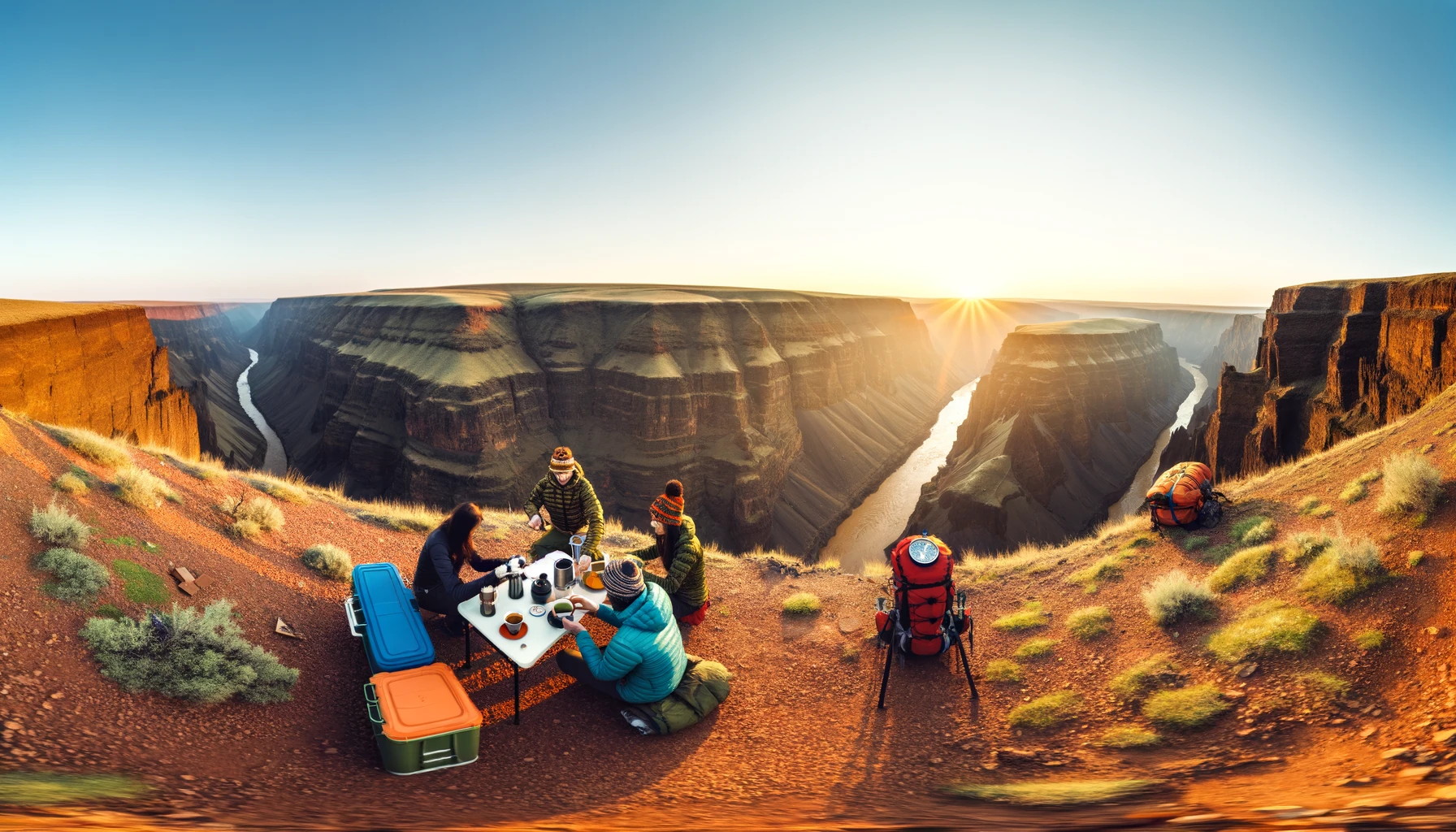 A view of an adventurous tea time set in a breathtaking outdoor location. The scene captures a group of friends gathered