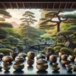 A widescreen view of an elegant display of Raku ware used for tea ceremonies, set against a traditional Japanese garden background