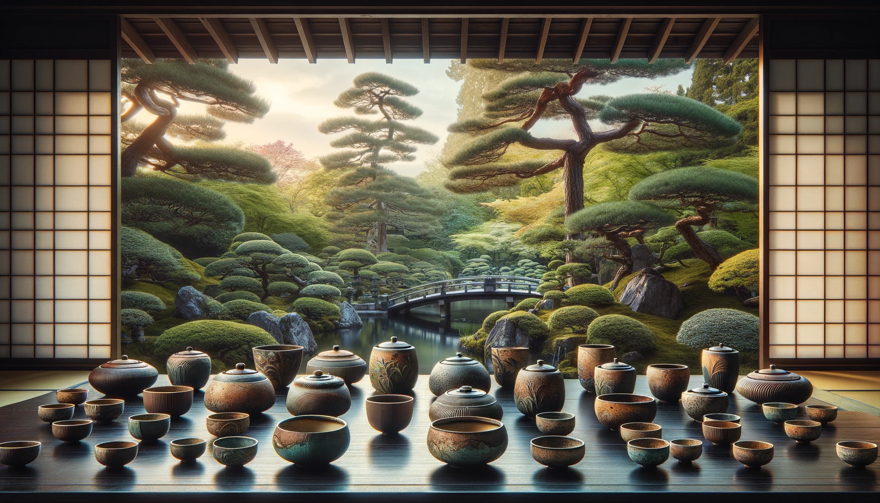 A widescreen view of an elegant display of Raku ware used for tea ceremonies, set against a traditional Japanese garden background