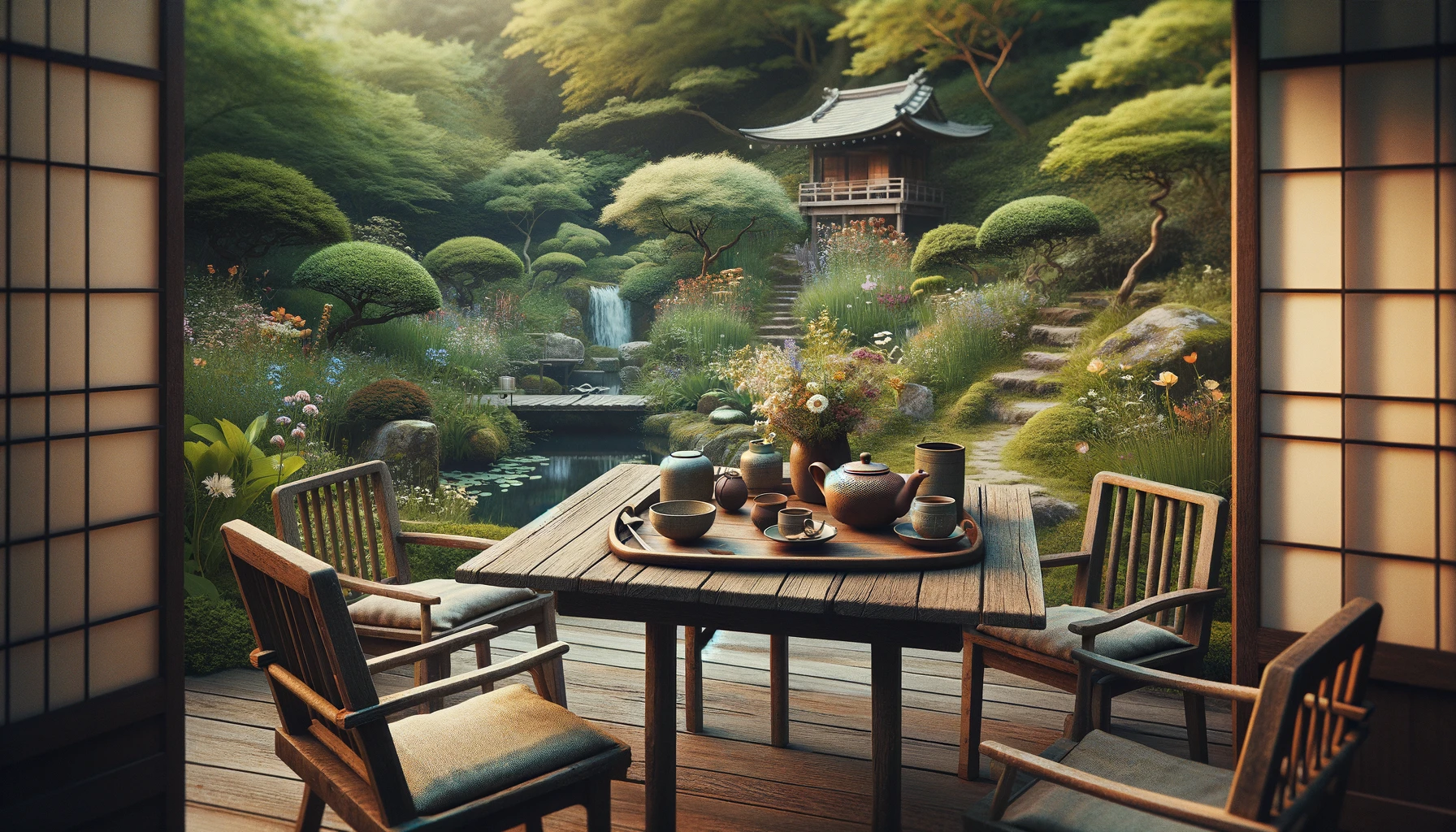 a tech-free tea time setting in an outdoor garden. The scene is tranquil and serene, emphasizing a return to nature